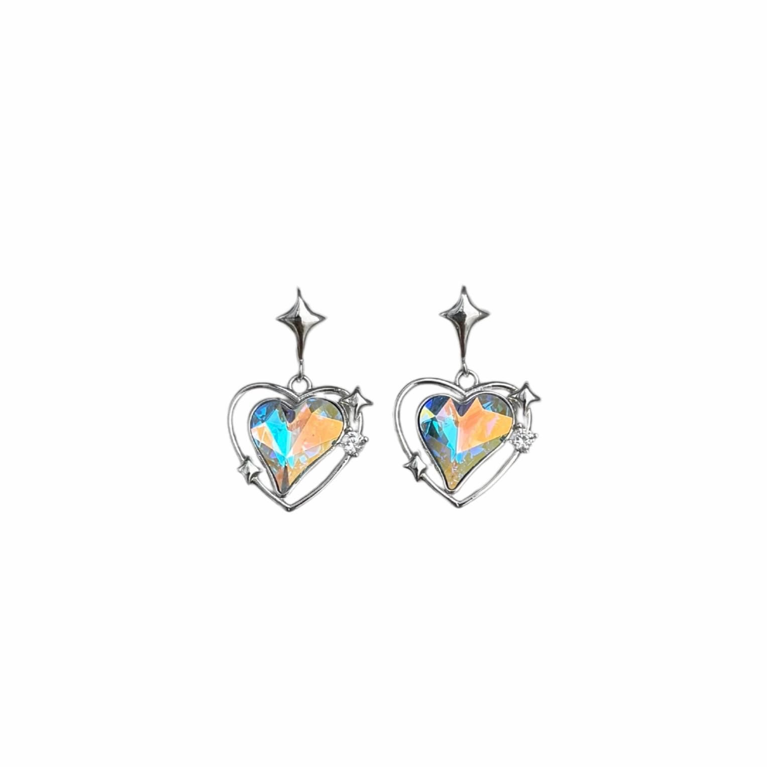 White background product shot of the Zephyra Heart Earrings by Future Spark, highlighting the gemstone's vibrant, hues and sleek silver metal setting.