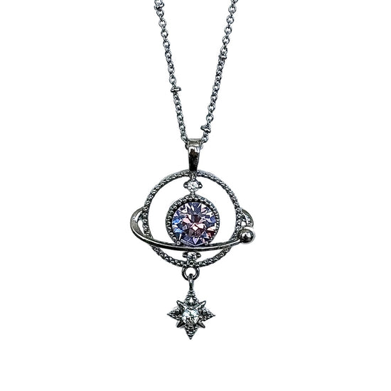 White background product shot of the Ishtar Planet Pendant by Future Spark, featuring a luminous, orb-like gemstone reminiscent of a distant planet, held by an organic, futuristic silver-toned structure.