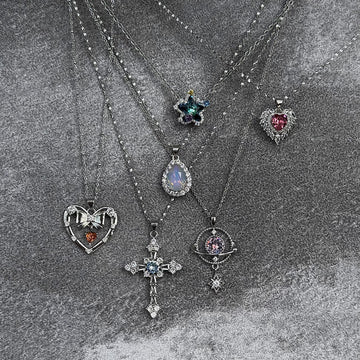 Overview of the Future Spark necklace collection, featuring an array of unique pendants with vibrant, color-shifting precision-cut crystals and sleek silver craftsmanship.