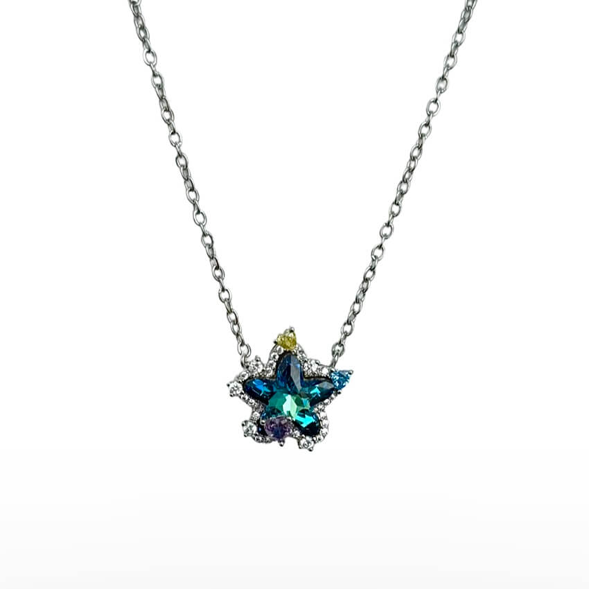 Product image of the Seren Star Necklace by Future Spark, highlighting its color-shifting iridescent stone and silver chain, on a white background.